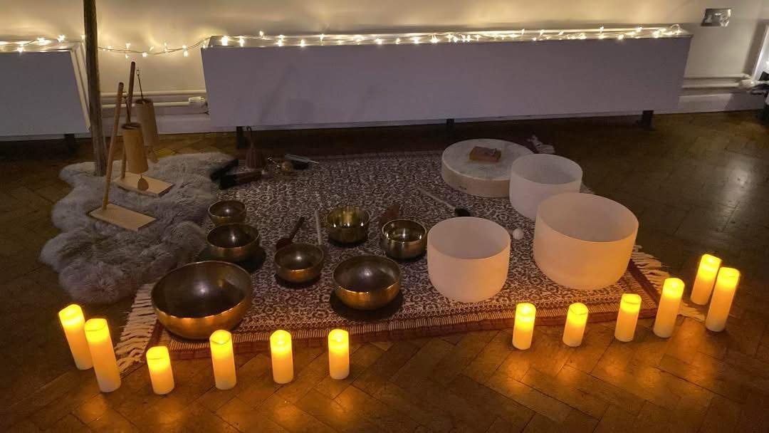 Sound bath instruments prepared for a session