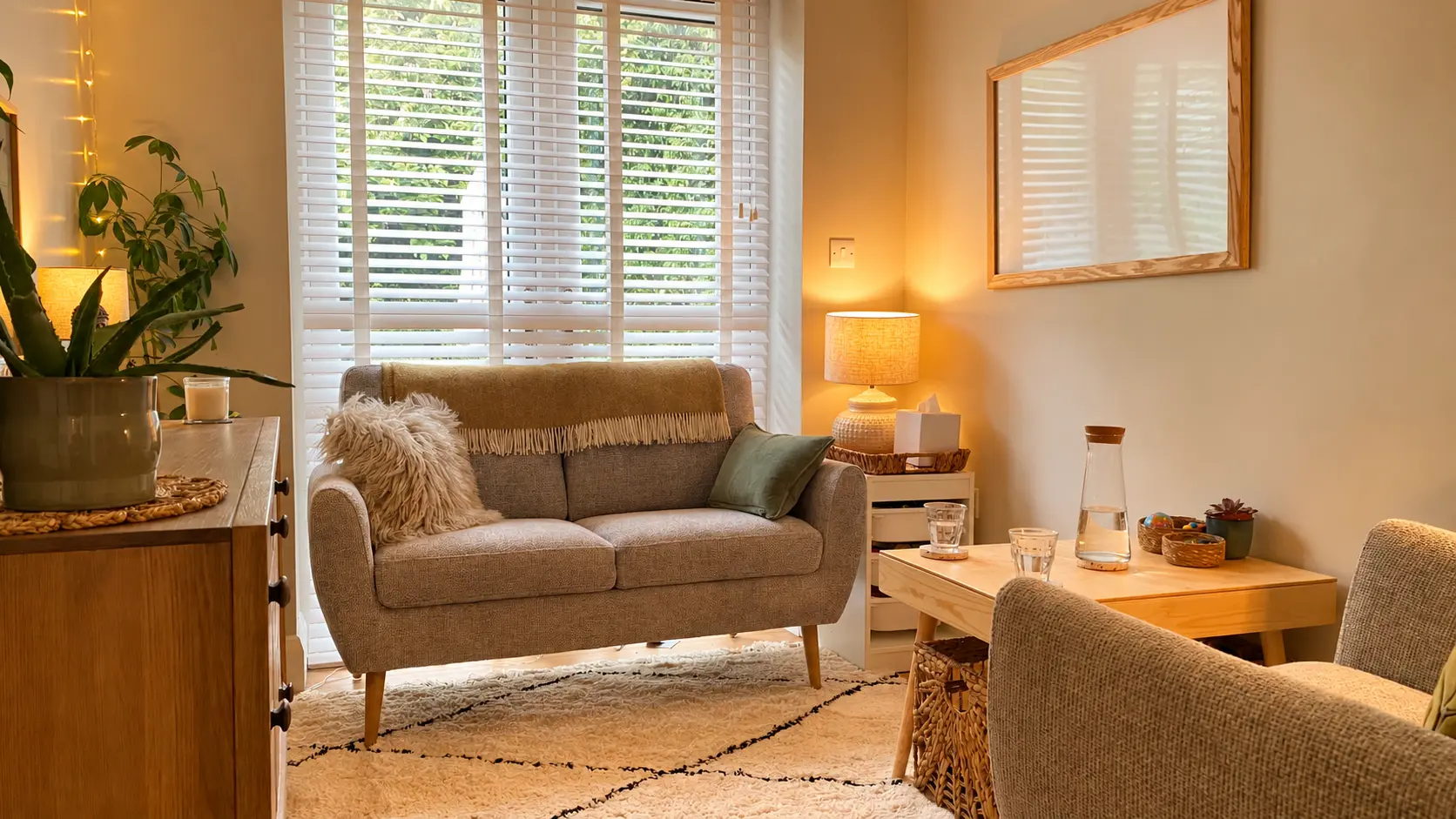 Quiet Space counselling room with plants and comfortable seating